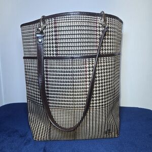 Lauren Ralph Lauren Medium Bucket Tote Bag Purse Brown Houndstooth Tweed